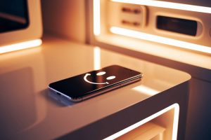 photo d'un smartphone qui affiche un smiley, posé sur une table dans une boutique de high-tech, bokeh