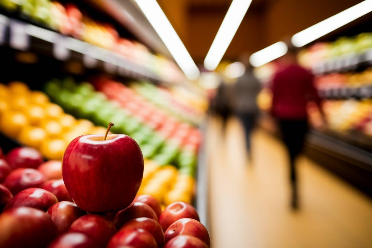 photo d'une pomme dans un supermarche, arrière plan flouté avec des clients en train de faire leurs courses