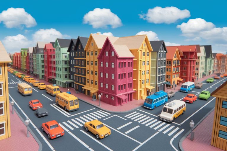 scène présentant une ville vue de haut avec toutes sortes de transports en communs : bus, tram, taxi, style jouets en bois