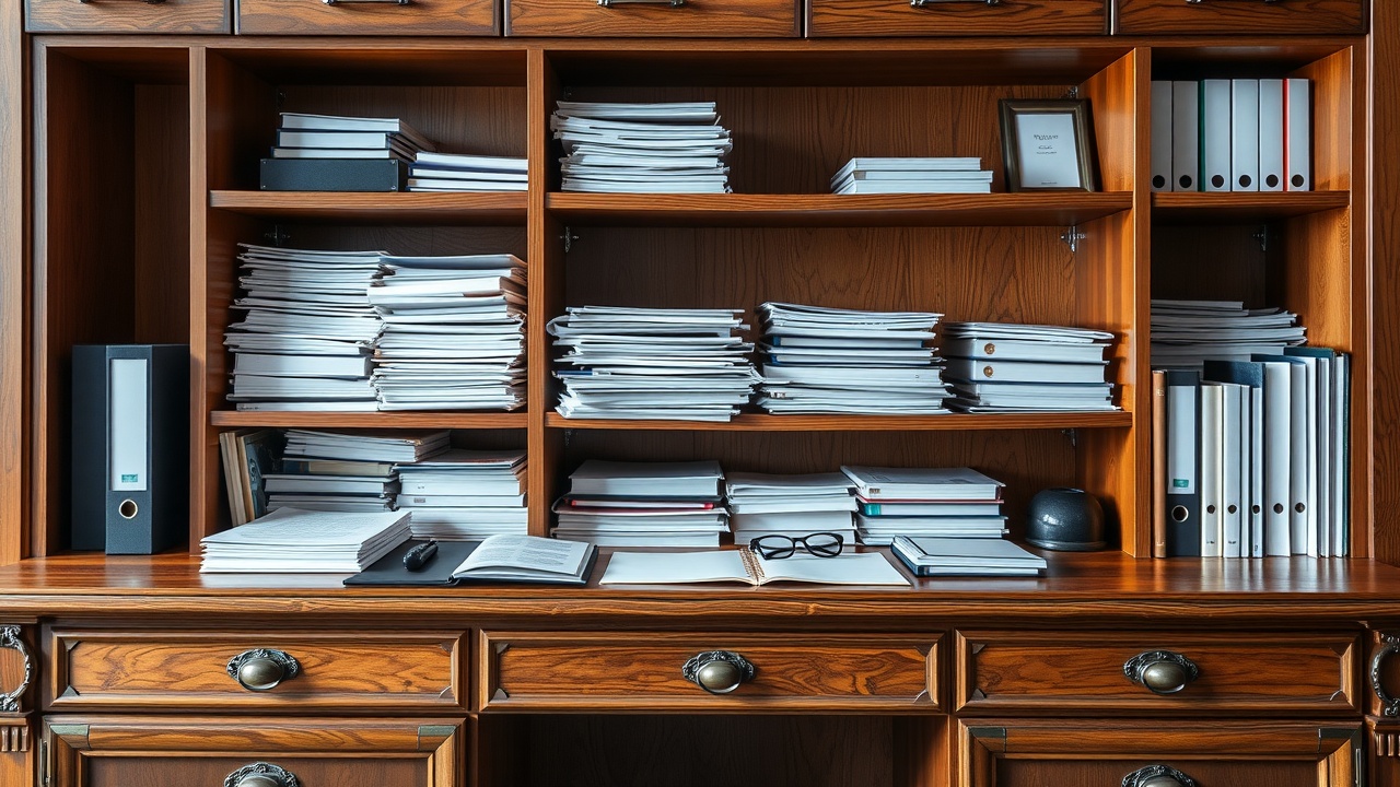 un bureau en bois avec des documents administratifs bien rangés