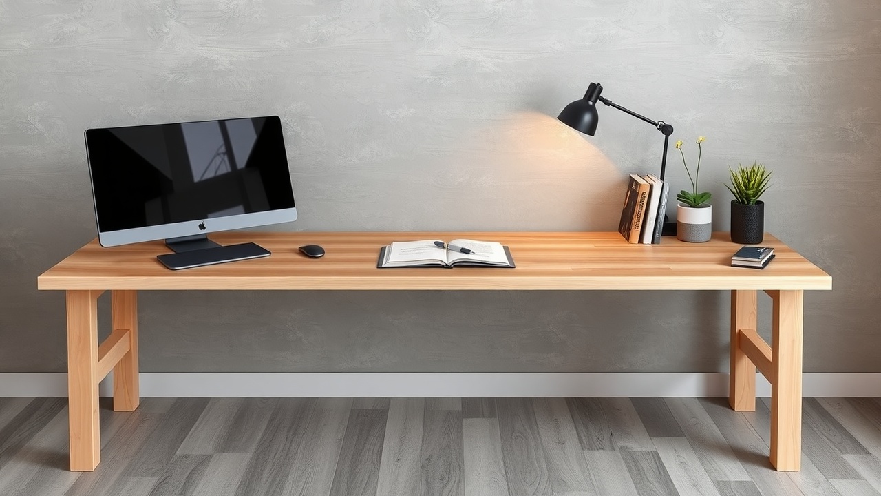 un bureau en bois clair avec un ordinateur portable et un carnet