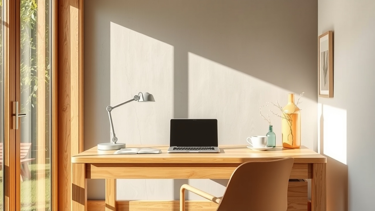 un bureau en bois clair avec un ordinateur portable et une tasse de café à côté d'une grande fenêtre ensoleillée