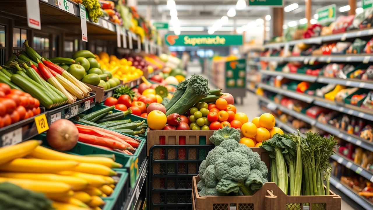 un caddie rempli de légumes frais et de paquets colorés dans une allée de supermarché