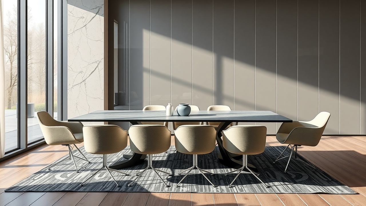 un espace de réunion moderne avec une grande table et des chaises design devant un mur vitré