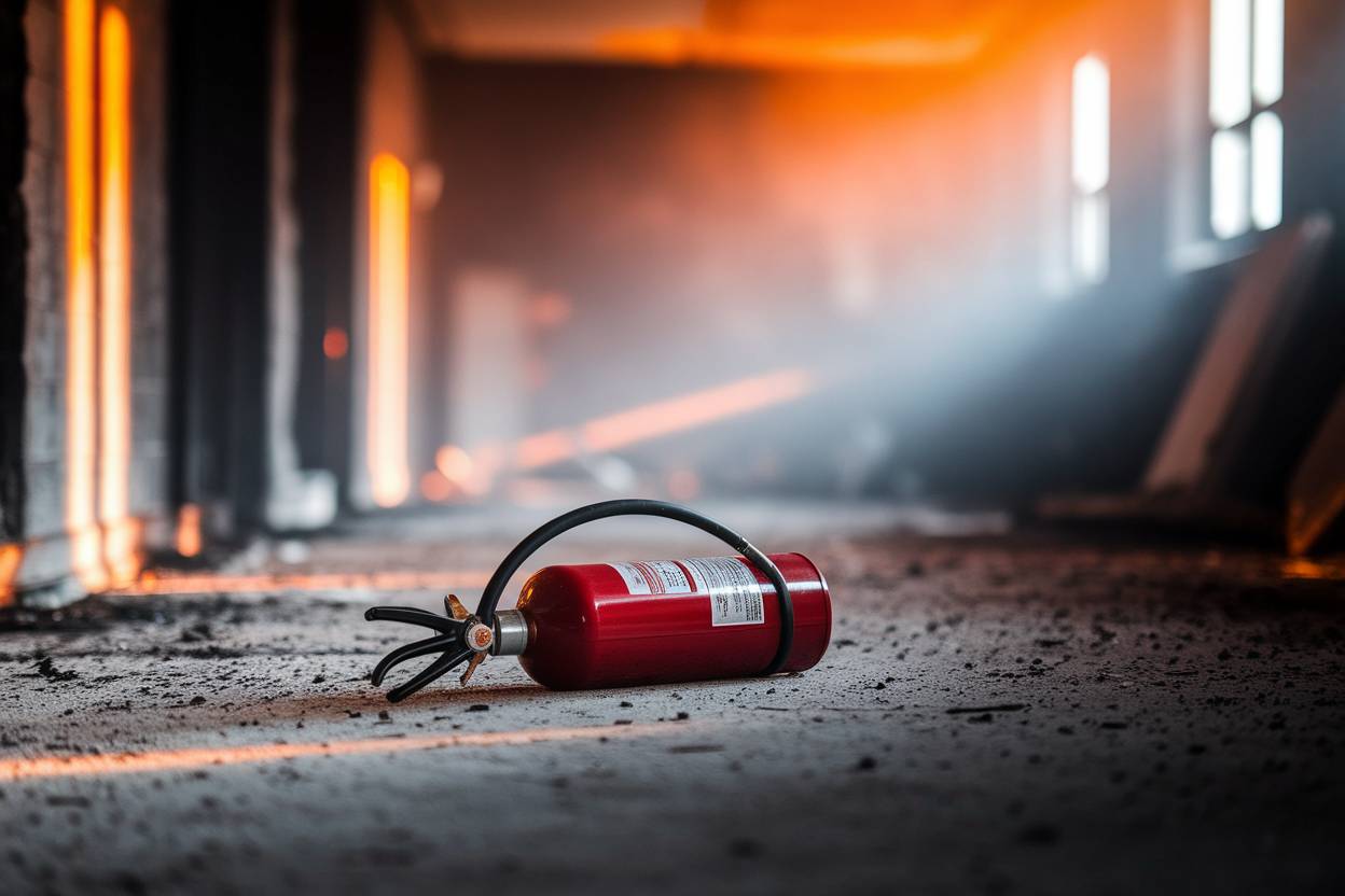 un extincteur posé au milieu d'une salle après un incendie, bokeh