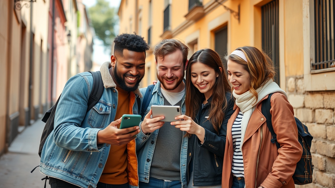 un groupe d'amis souriants regardant un smartphone ensemble dans une rue pavée ensoleillée
