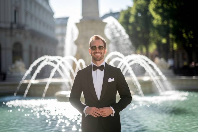 un homme souriant avec des lunettes de soleil devant la fontaine de genève, illustrant de la réussite financière, sans texte, bokeh