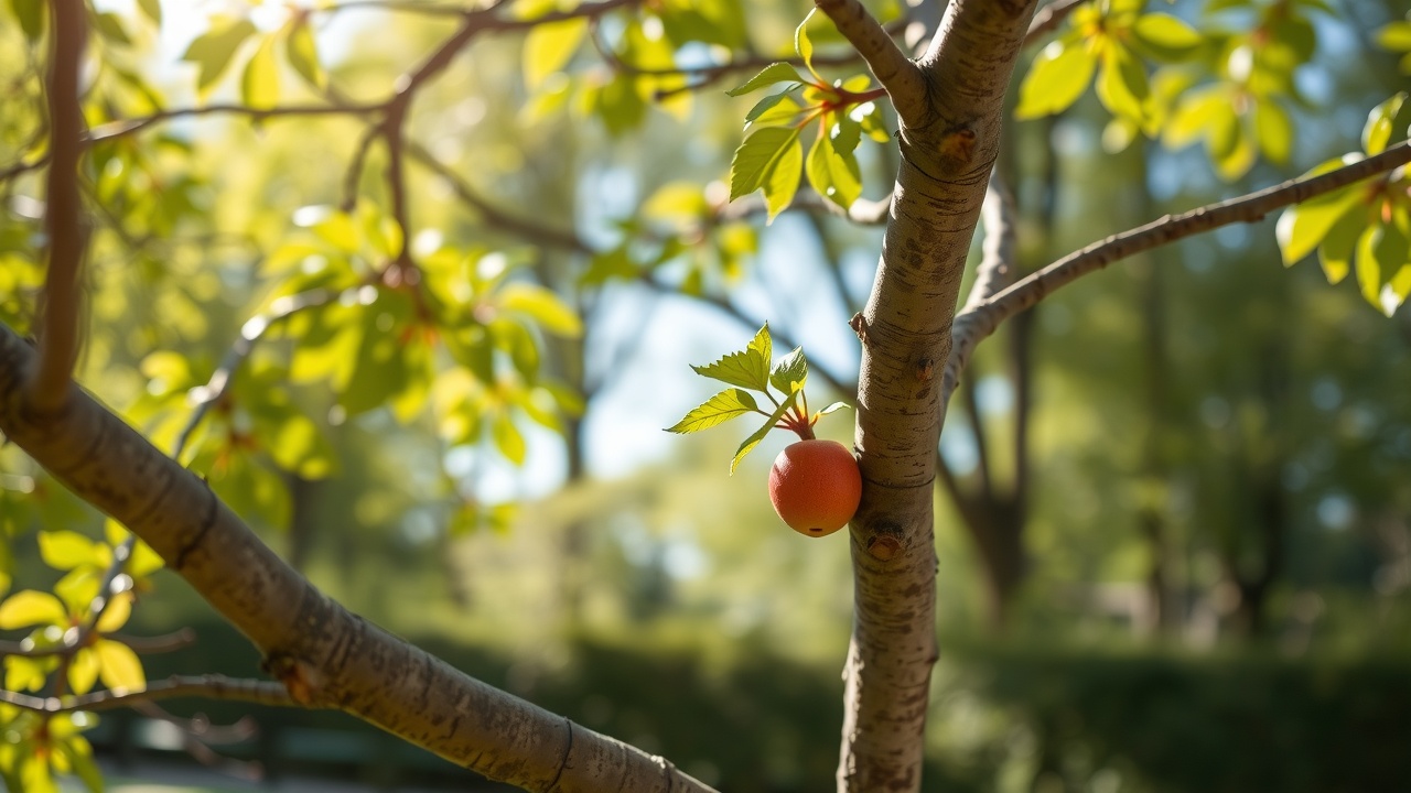 un jeune arbre avec une etiquette sur une branche dans un parc ensoleillé