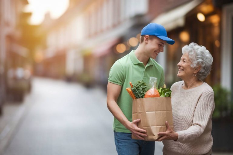 un livreur donne un sac de courses à une mamie senior en souriant, bokeh