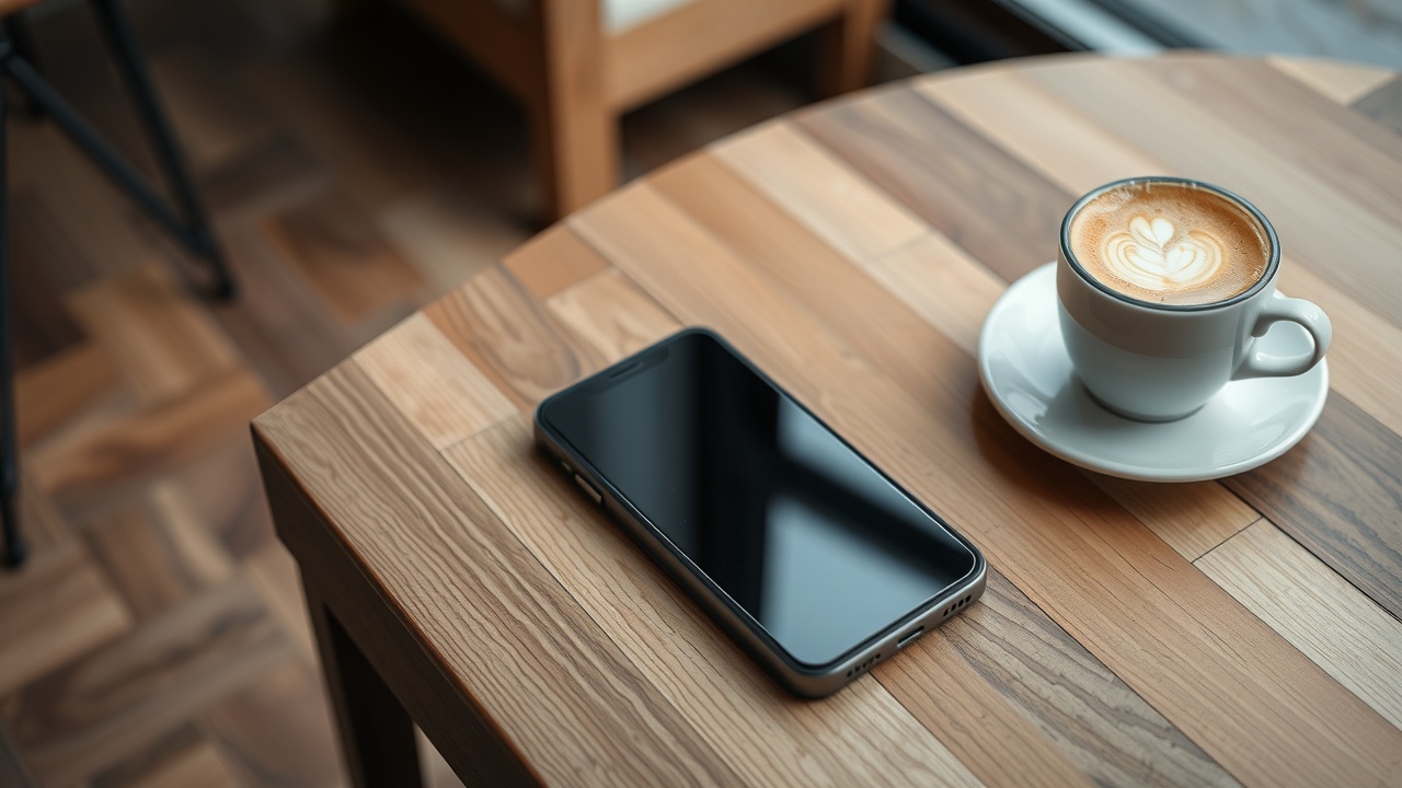 un nouveau smartphone posé sur une table en bois à côté d'une tasse de café