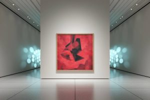 un tableau abstrait de peinture dans un musée minimaliste, bokeh