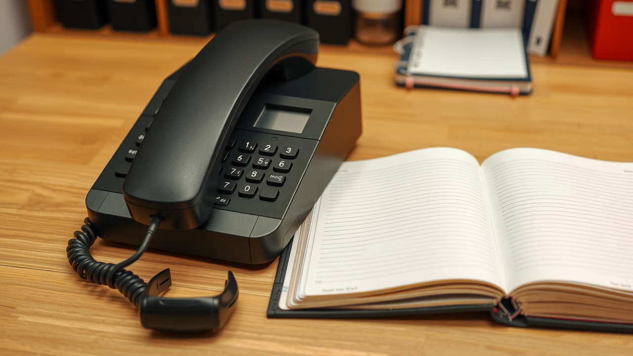un téléphone posé sur un bureau à côté d'un carnet de notes