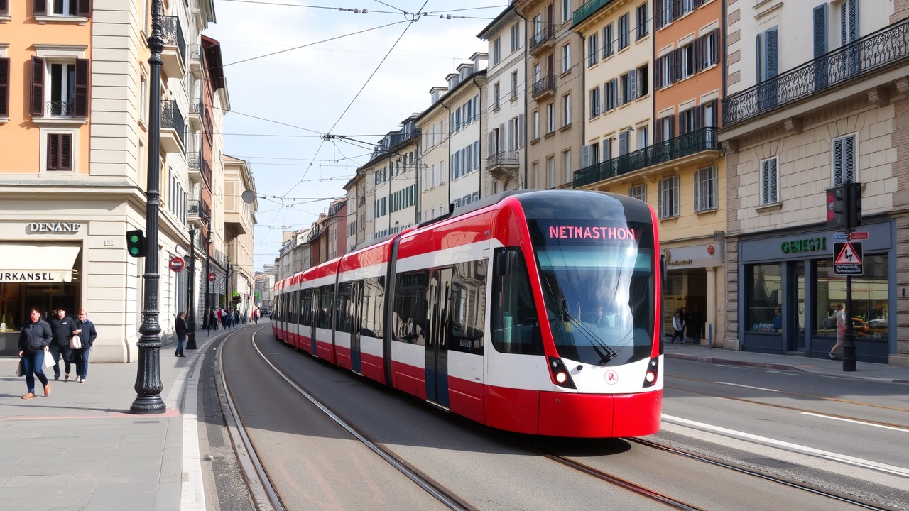 un tramway rouge et blanc circulant dans une rue de Genève avec des bâtiments en arrière-plan