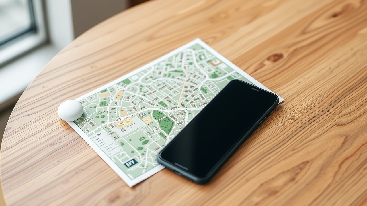 une carte de ville dépliée sur une table en bois à côté d'une boussole et d'un smartphone
