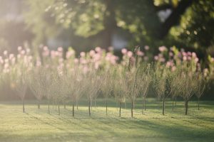 une dizaine de petits chênes assez jeunes plantés dans un parc, bokeh