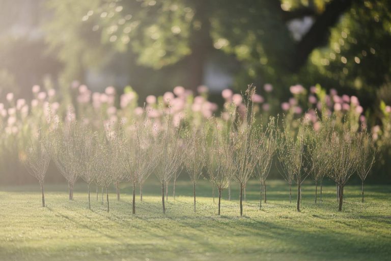 une dizaine de petits chênes assez jeunes plantés dans un parc, bokeh