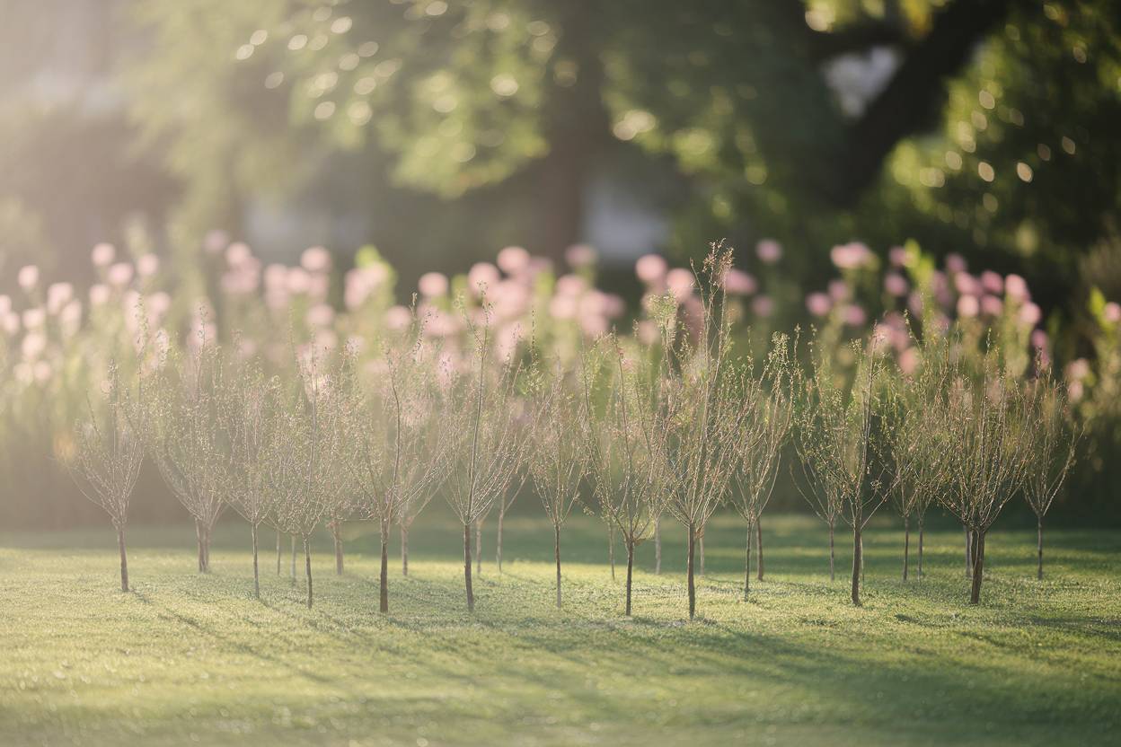 une dizaine de petits chênes assez jeunes plantés dans un parc, bokeh