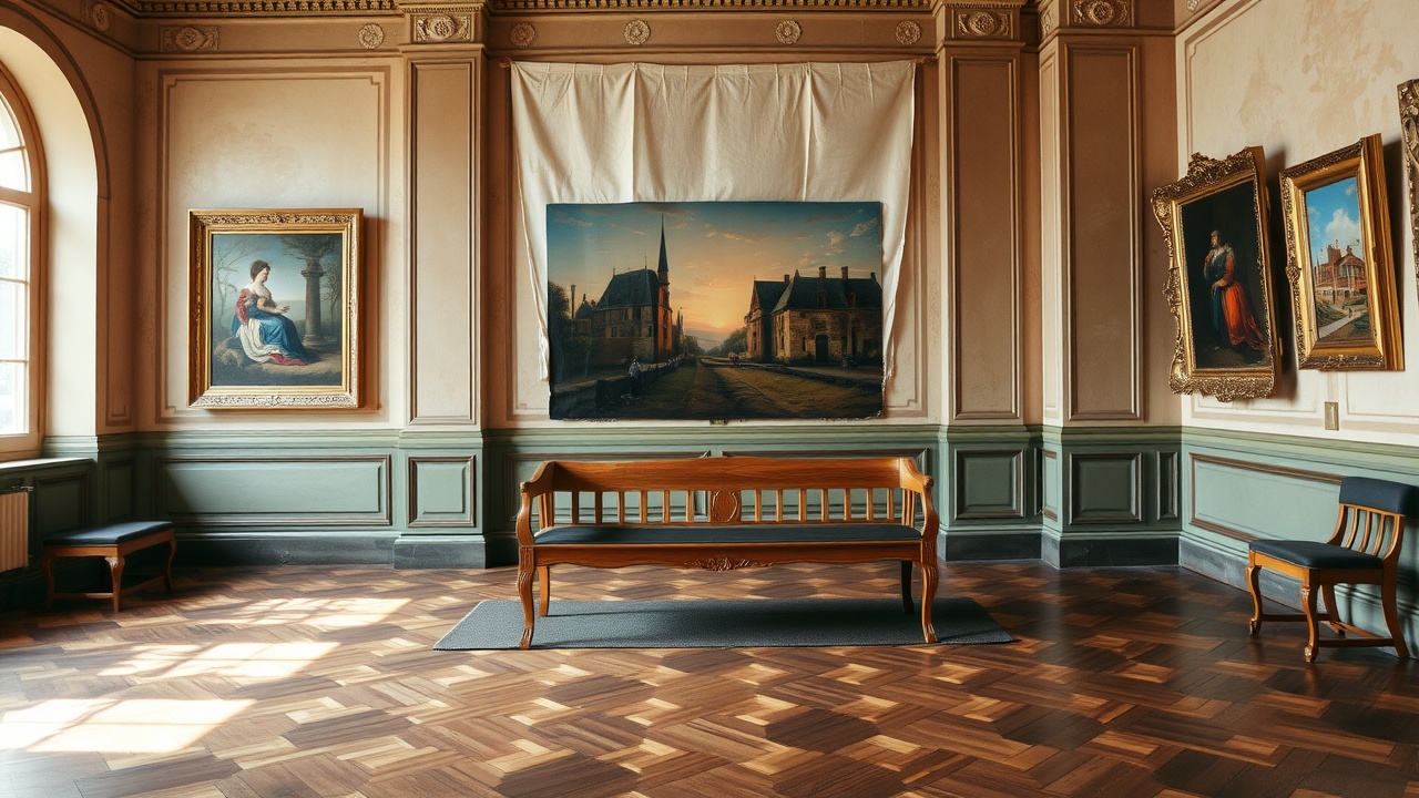 une grande pièce de musée avec des peintures sur les murs et un banc en bois au centre