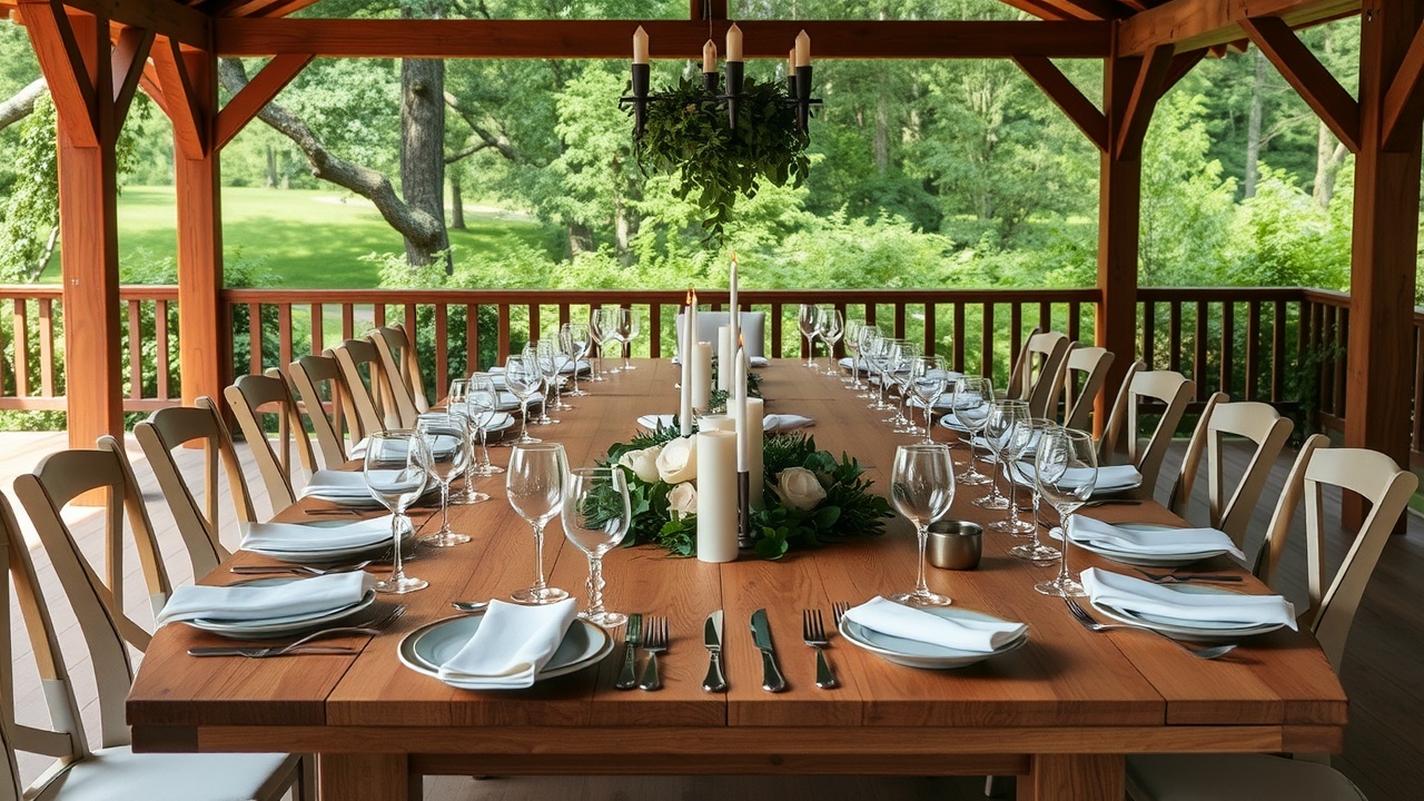 une grande table en bois dressée pour une fête avec des assiettes blanches et des verres