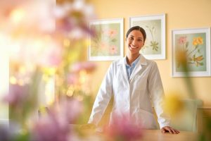 une médecin souriante dans son cabinet, bokeh