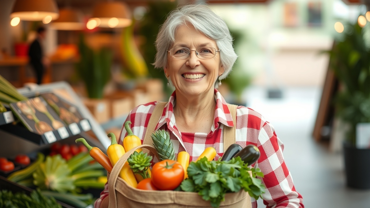 une personne âgée souriante tenant un sac de courses rempli de légumes frais