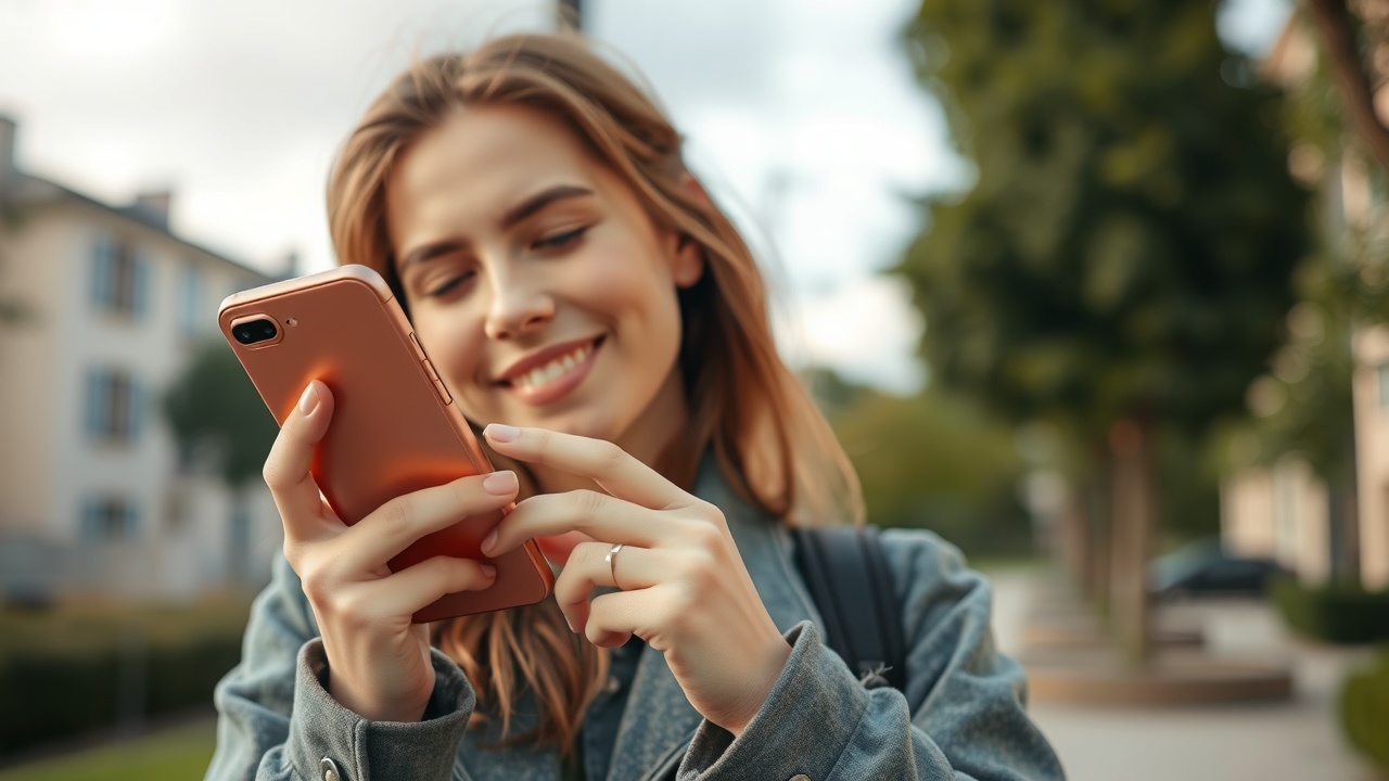 une personne souriante qui tient un smartphone dans ses mains