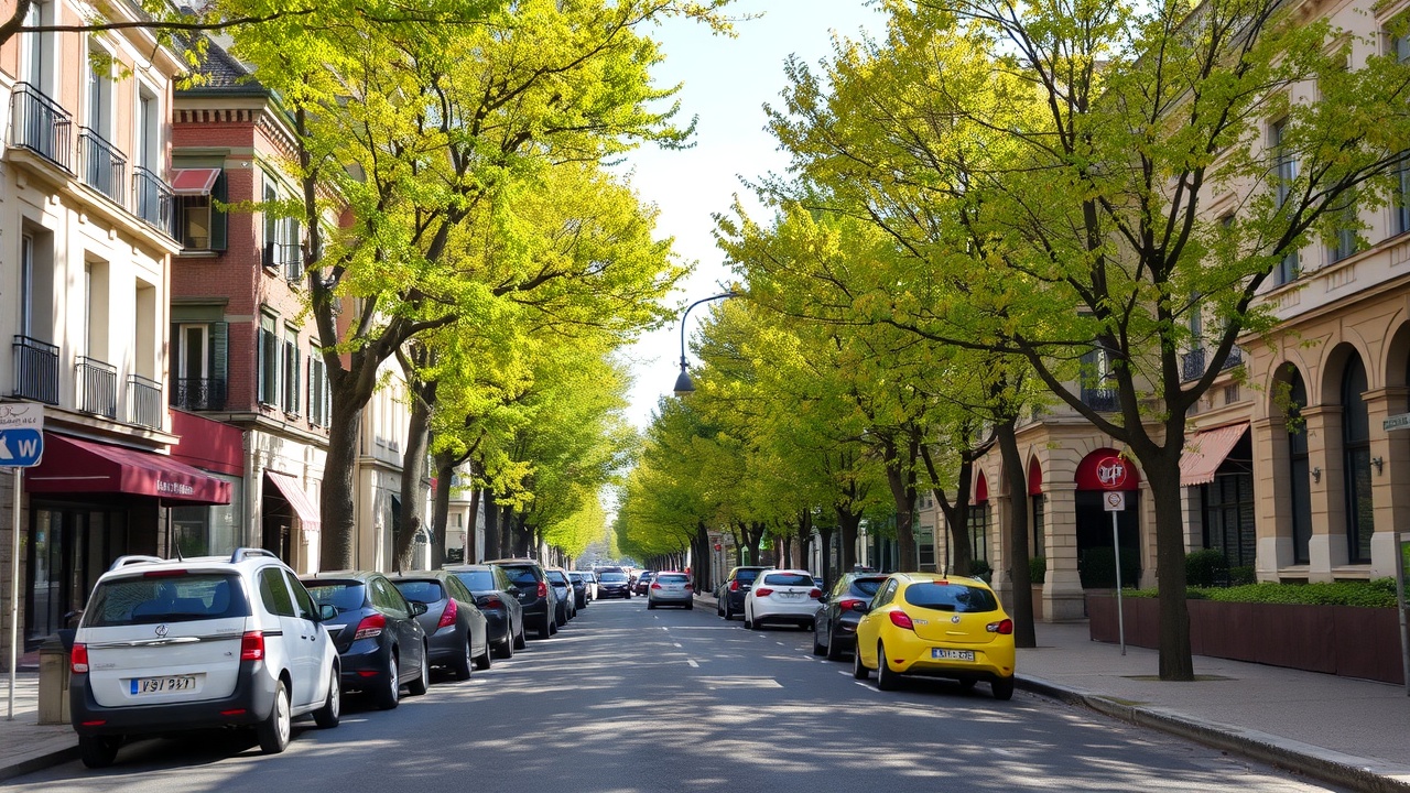 une rue de ville avec des voitures garées et une rangée d'arbres aux feuillages différents