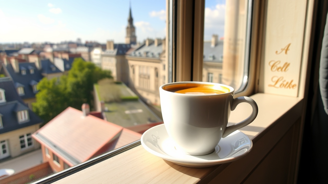 une tasse de café blanc sur une soucoupe, posée sur le rebord d'une fenêtre avec vue sur des toits de ville