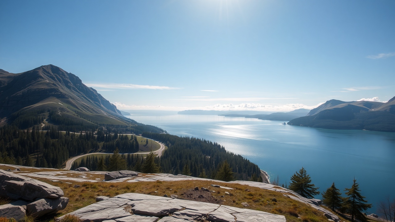 une vue sur un grand lac avec un jet d'eau au loin et des bâtiments en arrière-plan